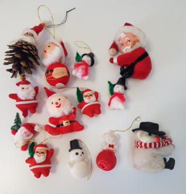 Vintage 50er Jahre Weihnachtsmann Elfe rot beflockt Deko Konvolut 12 cm
