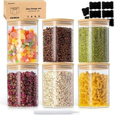 37 Oz Glass Storage Jars with Bamboo Lids - 6 Pack Clear Glass Canisters Square