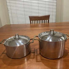 VTG Paul Revere 1801 Stainless Steel 4Qt And 3Qt Set,Brass Handled Stock  Pots