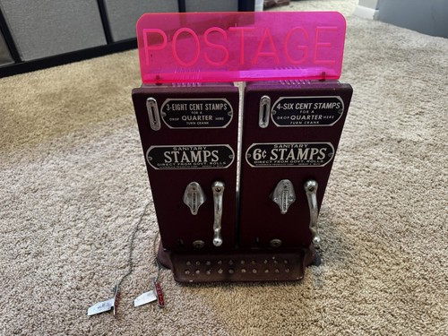 Vintage Schermack Dual Postage Stamp Vending Machine w/ Original POSTAGE Sign