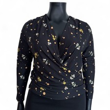 Dorothy Perkins Size 12 Top Black Pattern V-Neck Long Sleeve Wrap Front Stretch 