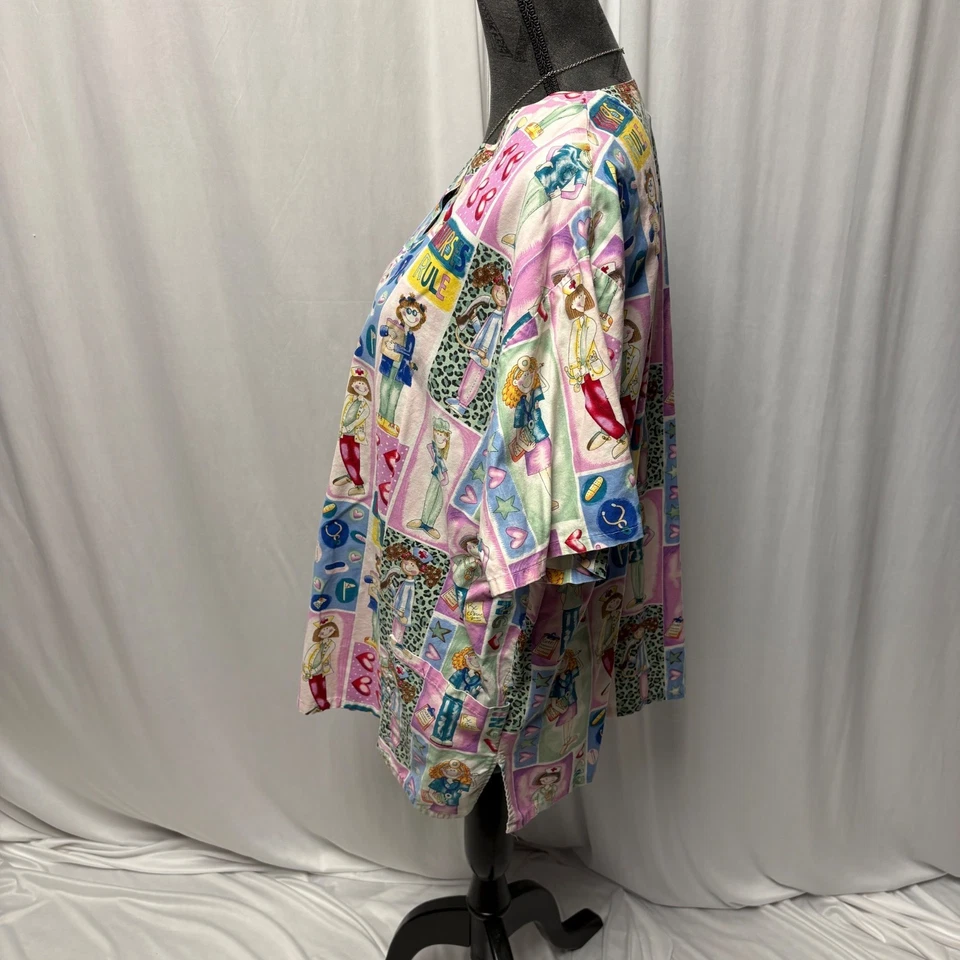 White Swan Scrub Top Womens Size XL Nurses Rule Cartoon Short Sleeve V-Neck - Image 3 of 4