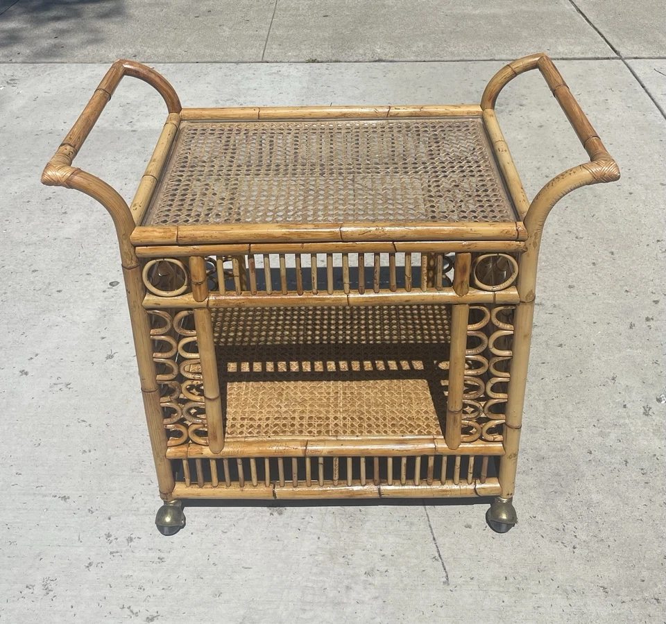 70s Vintage Rattan Brighton Chippendale Style Bar Cart, 2 Tier, USHIP  delivery! - Image 2 of 4