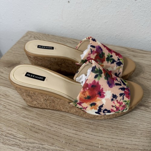 Alex Marie Kloey Pink Floral Cork Slide On Wedges Heels Womens Size 8.5 M - Picture 3 of 15