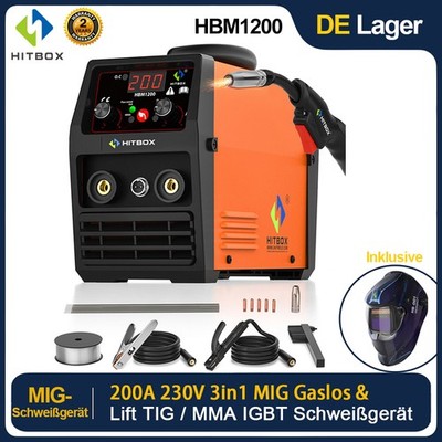 HITBOX 3in1 MIG-Schweißgerät 200A 230V DC MMA Lift TIG Gaslos Schweißinverter DE