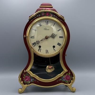 Eluxa Table Clock Mechanical W/key Featuring H/Painted Floral Decoration WORKS