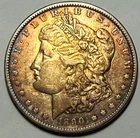 1890 Morgan Silver Dollar Golden/Burgundy Tomed Obverse AU