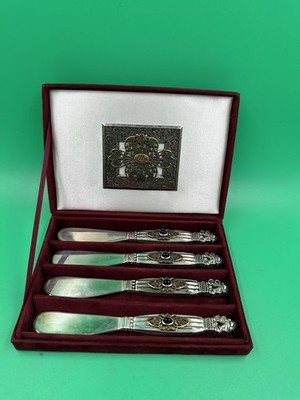 Vintage Ann Cichon Dallas/Godinger Cheese Silverplated Knife Set Jeweled W/Onyx