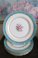 Aynsley England Set Of 6 Dinner Plate Large Cabbage Roses Turquoise Blue Gold
