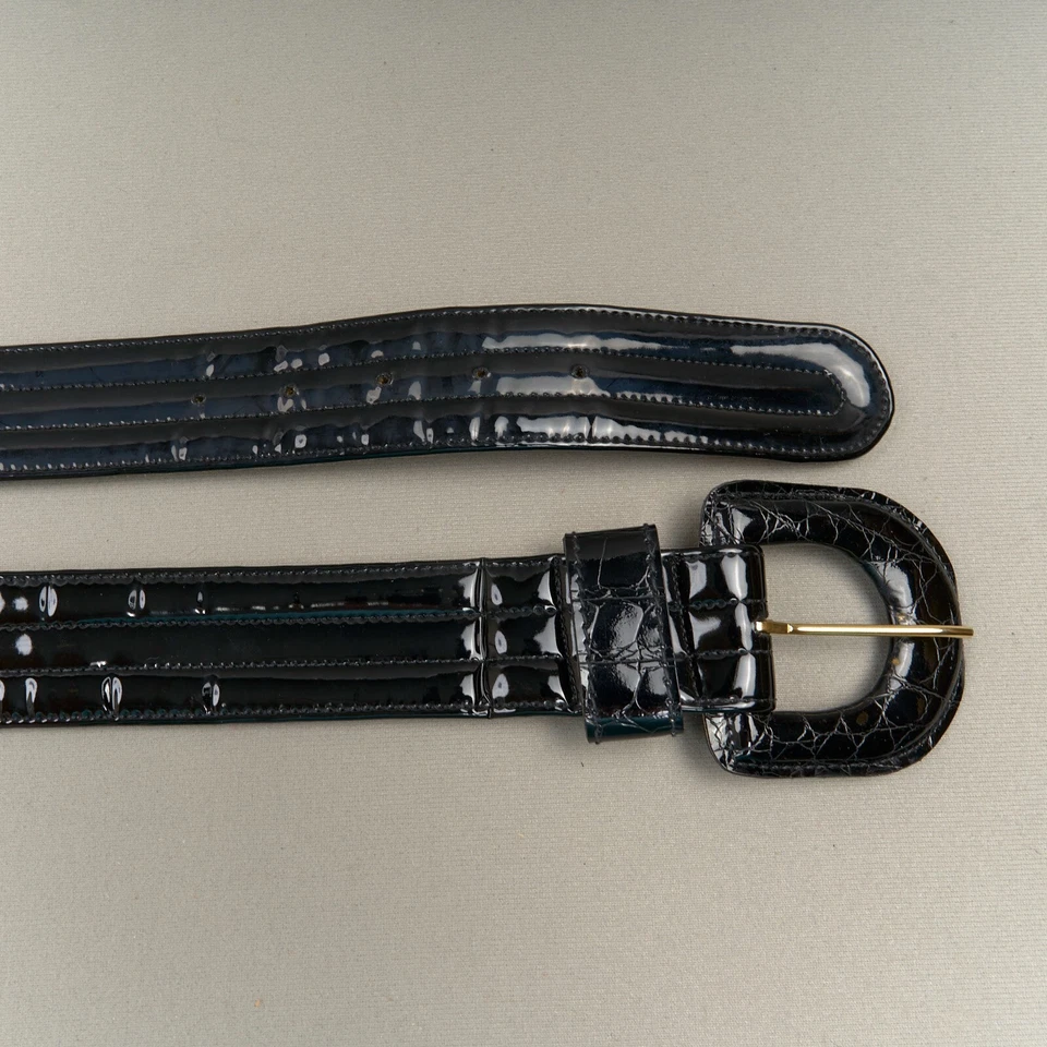 Cinturón vintage Anne Klein para mujer M/26-27 negro charol hebilla cubierta 1,5" Foto 4 de 4