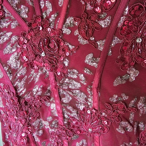 Vestido Jovani Rojo Sin Tirantes 8 Sirena Corazón Estructurado Brillo Estampado Animal - Imagen 11 de 13