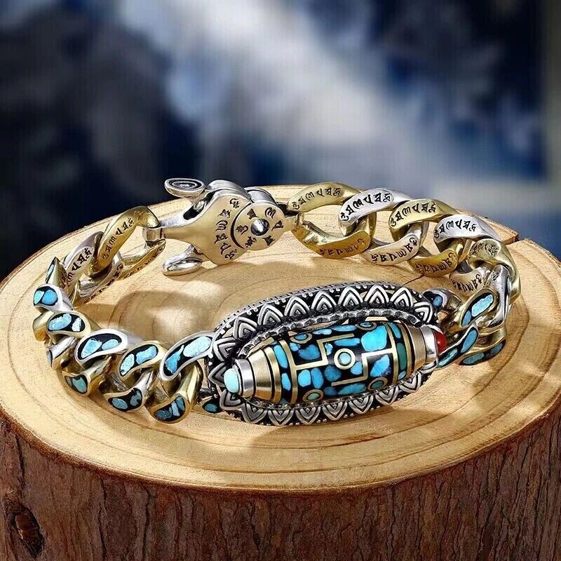 S925 Turquoise Six-character Mantra Nine-eyed Dzi Bead Bracelet