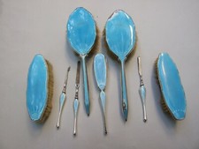 Antique Art Deco Sterling Silver Blue Enamelled 8 Dressing Table Set Birmingham 