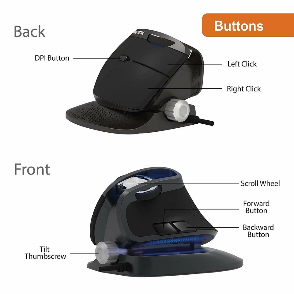 J-Tech Digital Wired Ergonomic Vertical Gaming Mouse W/Adjustable Angle Tilt,LED - Image 3 of 4