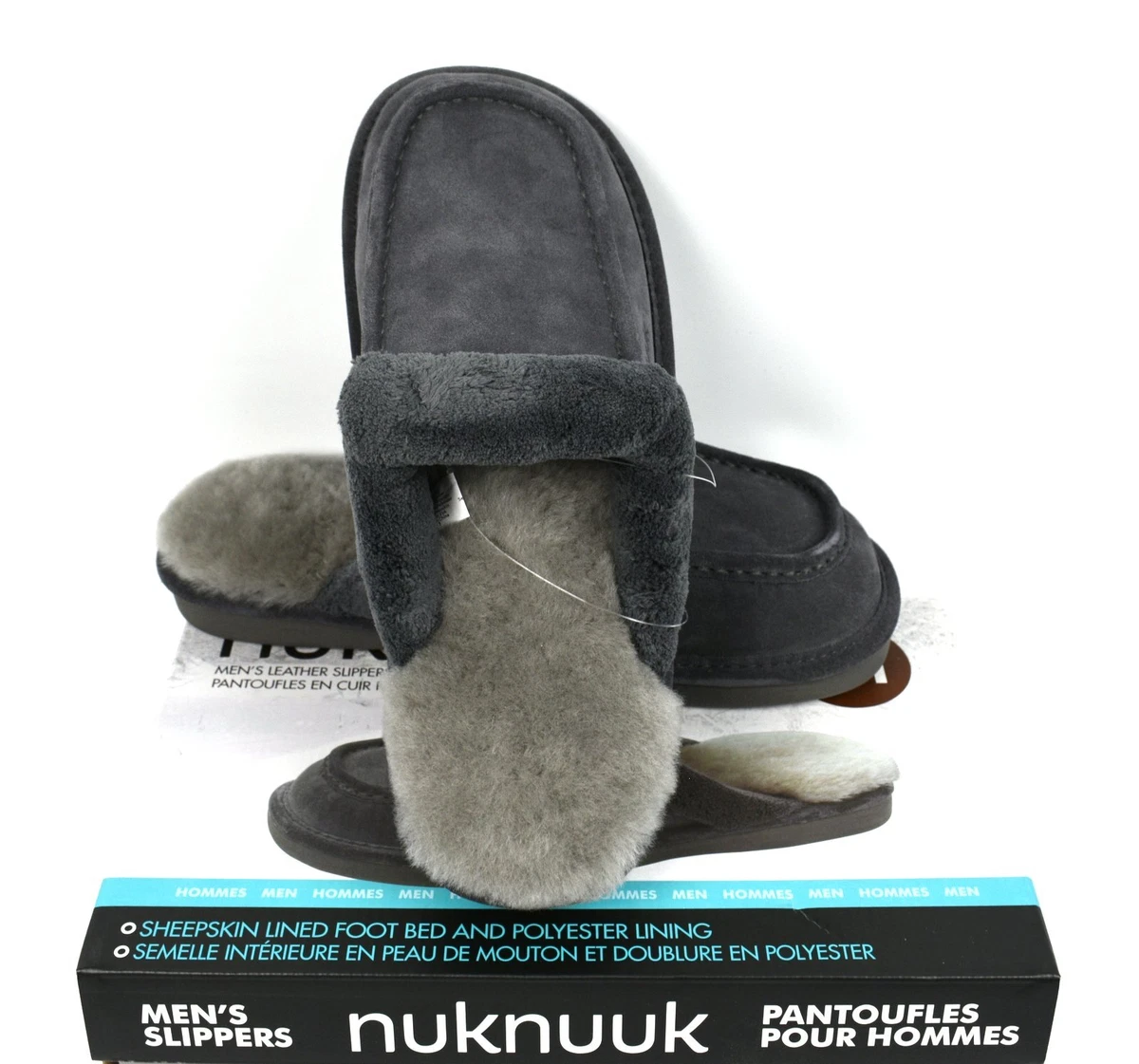 Nuknuuk Men s Plush lined Sueded Leather Slippers Grey