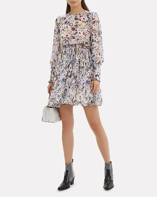 GANNI pleated plisse georgette mini smock dress terrazzo print sz