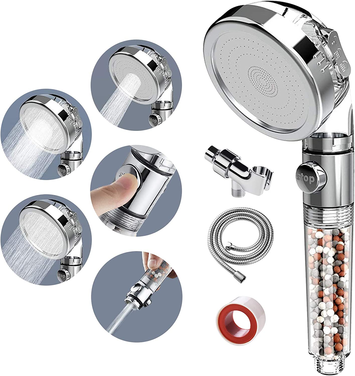 Zen Shower Head, 3 Setting High Pressure Shower Envy Shower Head with Beads, Wat