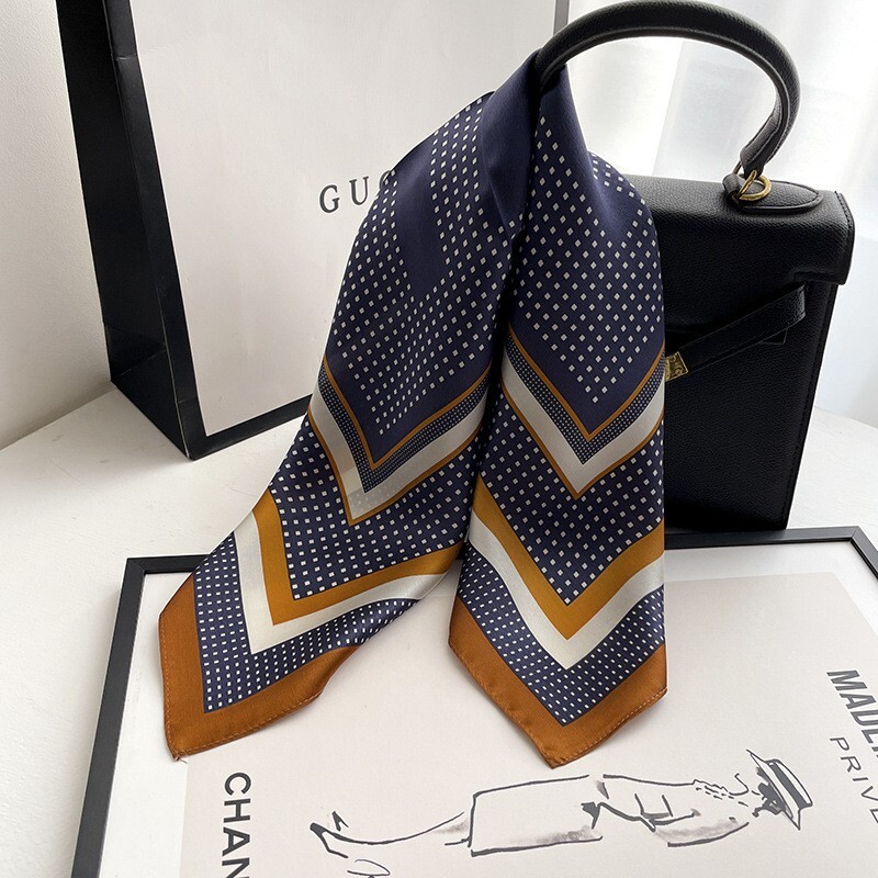 100% Silk Scarf Vintage Blue Brown Polka Dot Kerchief Bandana