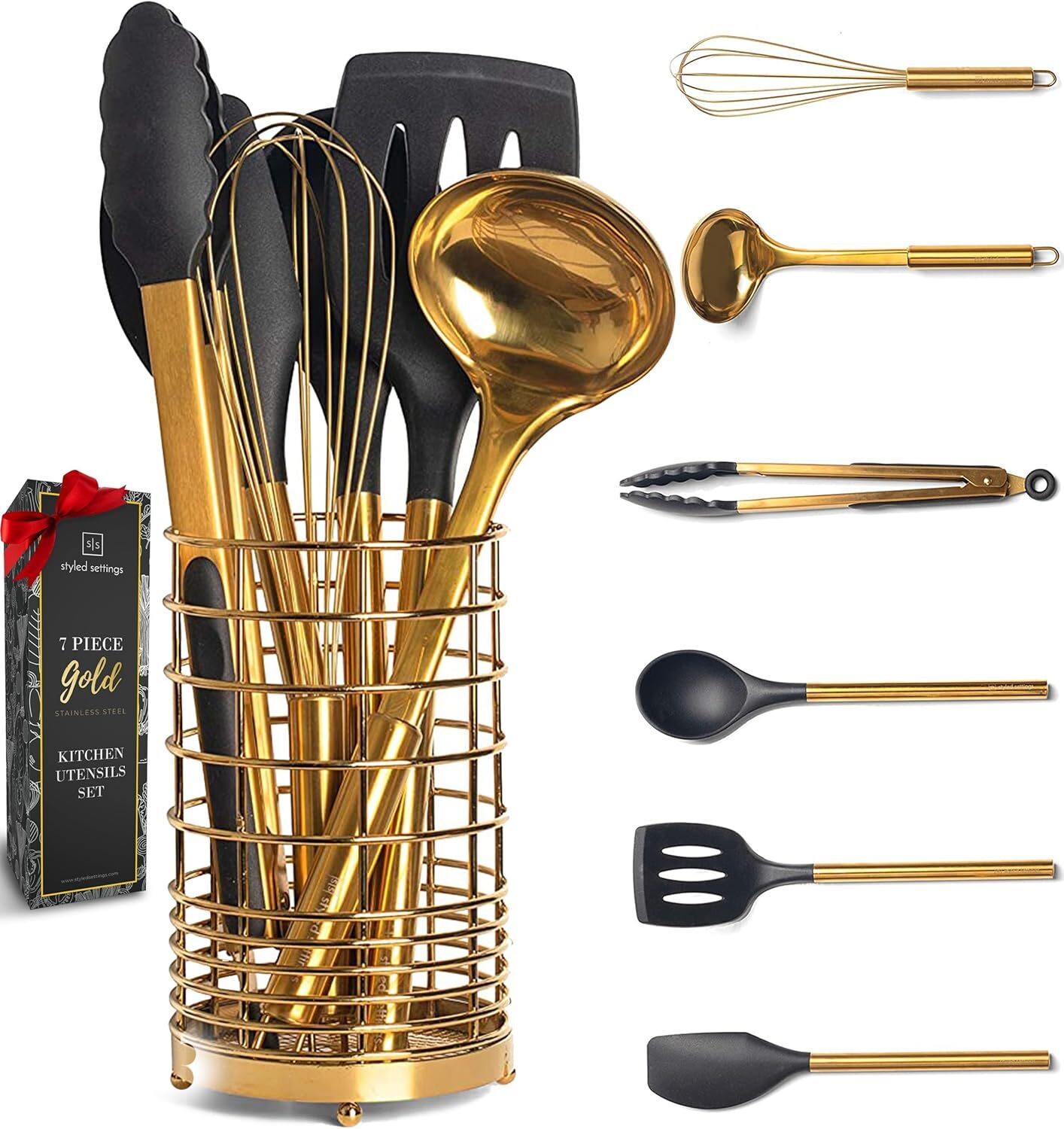 Gold Kitchen Utensils Set - 7-Piece Silicone Cooking Tools with Gold Utensil