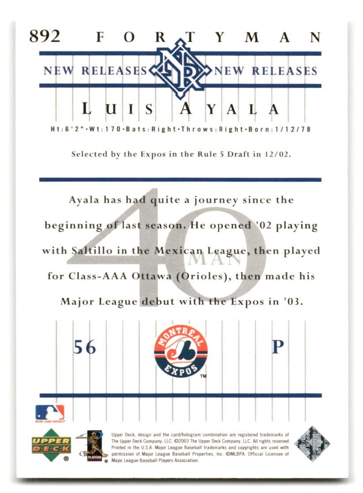 Luis Ayala 2003 Upper Deck 40-Man Baseball #892 Montreal Expos Rookie RC - Image 2 of 2