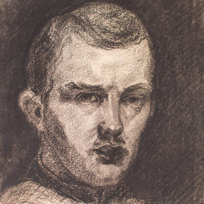 Portrait Young Man with Mustache Charcoal Drawing 20th Century Unknown