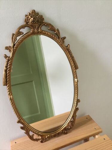 Espejo de pared ovalado de metal dorado barroco ornamentado estilo antiguo vintage #7003 - Imagen 1 de 8
