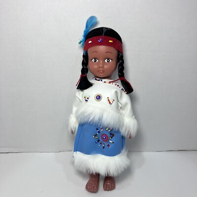 Vintage NATIVE AMERICAN INDIAN PLASTIC DOLL Blue Beaded Dress 11  Made In China