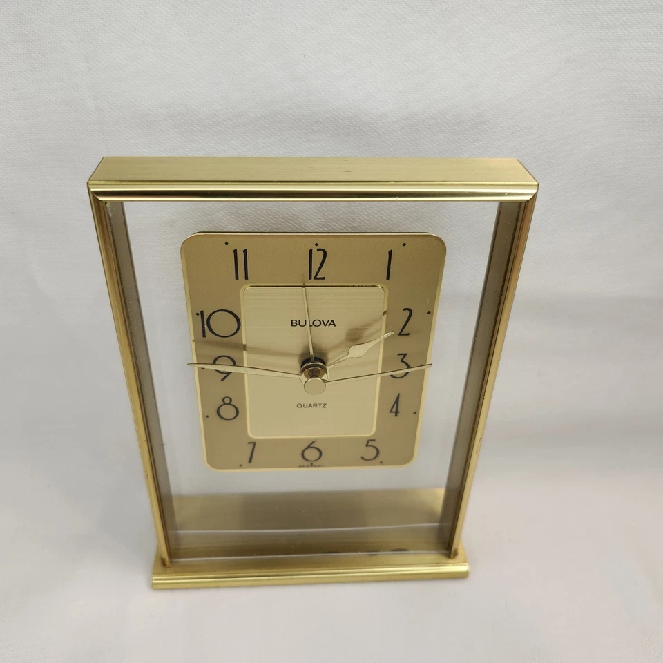 BULOVA Gold Brass Finish Quartz Alarm Desk Clock B 1980 Vintage  - Image 2 of 4