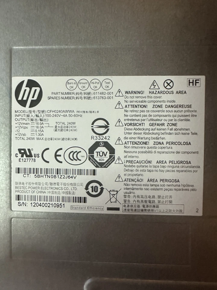 HP Compaq Power Supply 240W 611482-001 613763-001 CFH0240AWWA SFF 6300 8200 - Image 2 of 3