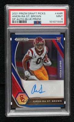 2021 Prizm Draft Picks Blue /149 Amon-Ra St Brown PSA 9 MINT Rookie Auto RC 4f5