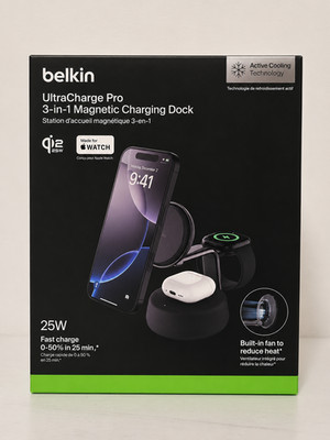 Belkin UltraCharge Pro 3-in-1 Qi2 25W Charging Stand MagSafe WIZ040 Black
