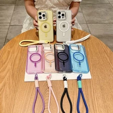 For iPhone 16e 15 14 13 12 11 Pro Max Glitter Shockproof Case with Wrist Strap