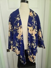 Blue Floral Kimono Cardigan Open Front 3/4 Sleeve One Size Duster Cover Up Women