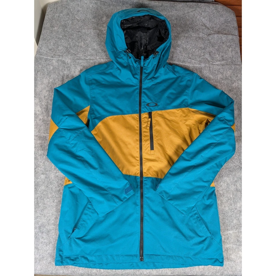 Jaqueta de esqui Oakley snowboard azul-petróleo bloco dourado zíper completo com capuz masculina G - Imagem 2 de 4