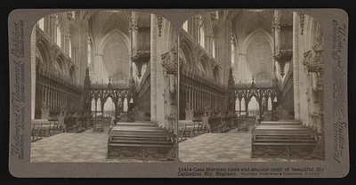Late Morman nave and ancient choir of beautiful Ely Cathedral, Ely, England
