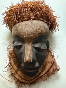 Vintage Pende African Mask, Carved Wood with 2 Tone Face & Associated Fabric, 9"