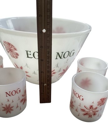 Vintage Fire King Egg Nog 5 Piece Set Milk Glass Snowflake Punch