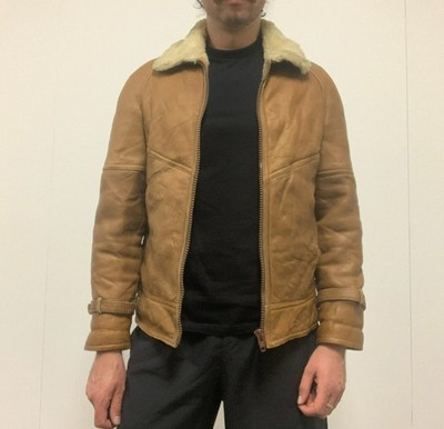 Centmill Vintage hellbraun & creme Lammfell Leder Shearling durchgehender Reißverschluss Jacke Medium