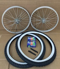 20" BMX Bike Alloy Wheel Set Front Rear Silver White Wall Tires Bundle 20x2.125