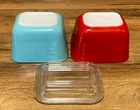 2 - VINTAGE PYREX PRIMARY COLOR RED & BLUE  REFRIGERATOR DISHES  & LID 501-B & C