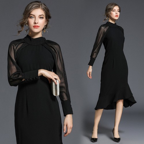 Women Black Fishtail Dress Slim High Waist Long Sleeve Formal Dress Knee  Length | eBay