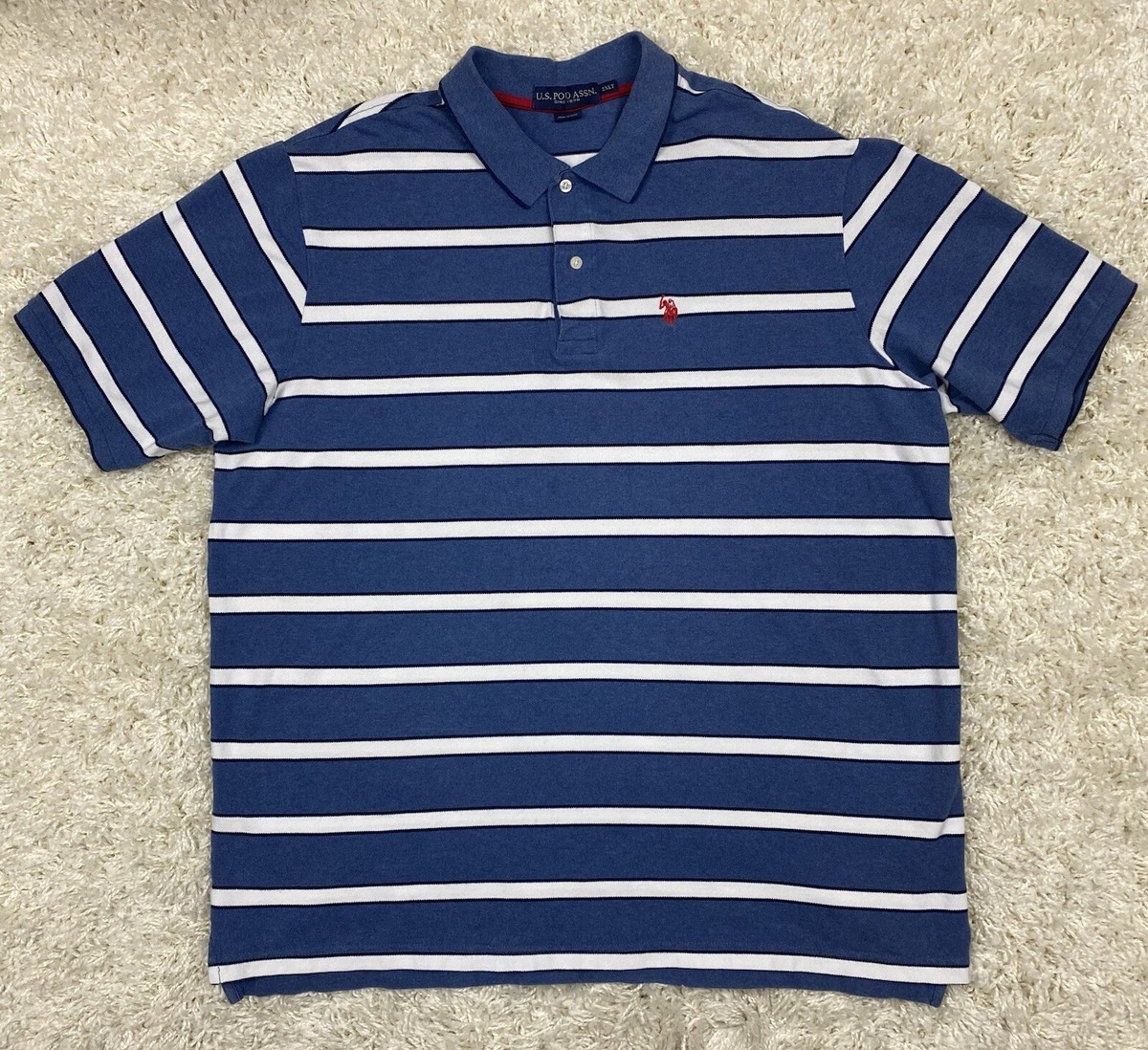 US Polo Assn Men's Polo Shirt 2XLT Blue White Striped Red Pony