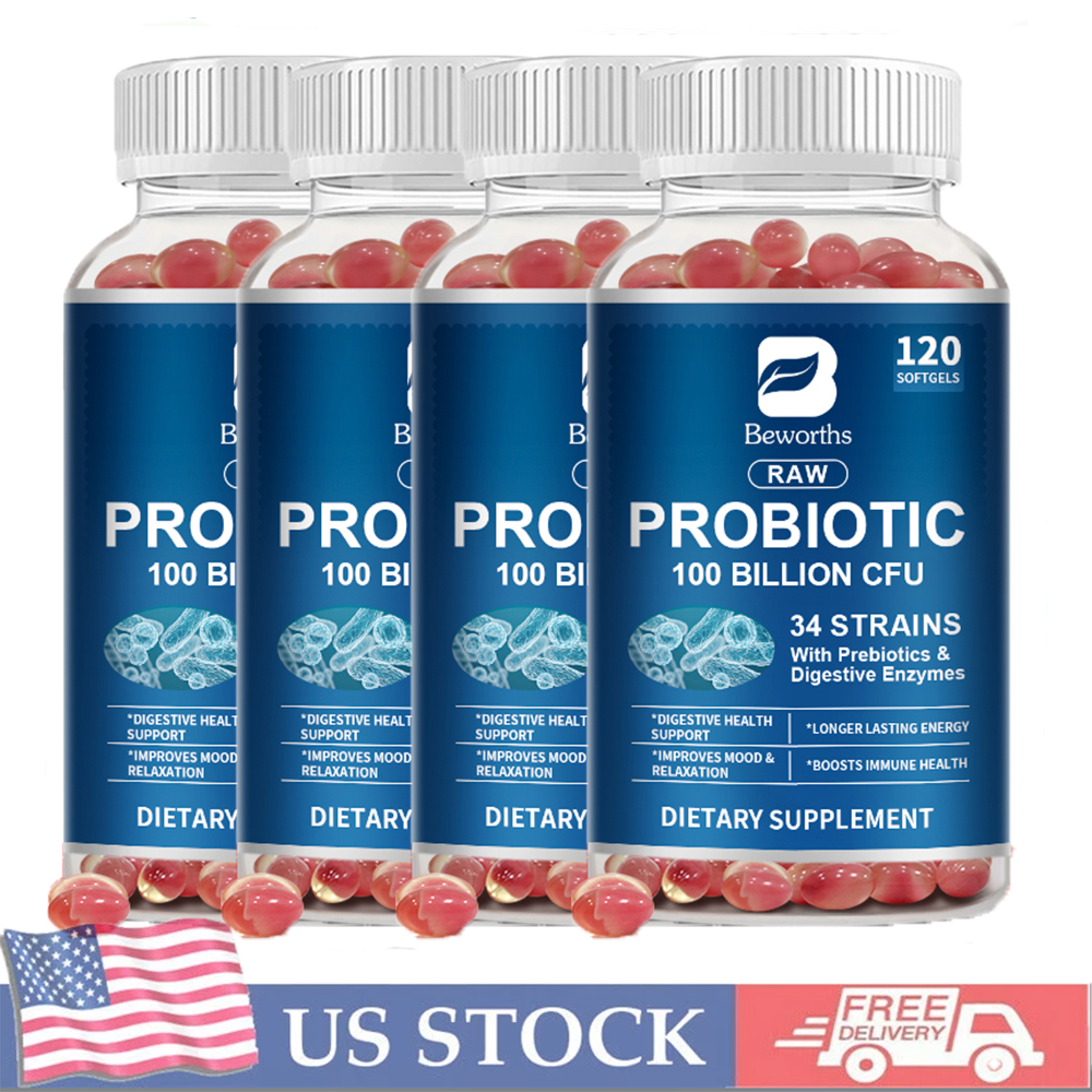 4*120 Raw Probiotic Capsules 100 Billion CFU Prebiotics Digestive Enzyme Health