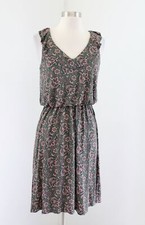 Ann Taylor Loft Olive Green Pink Floral Print Ruffle Cinched Waist Dress Size S