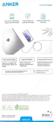 Anker 10' 60W Braided USB-C to USB-C Max Fast Charging Cable - White - Picture 2 of 3