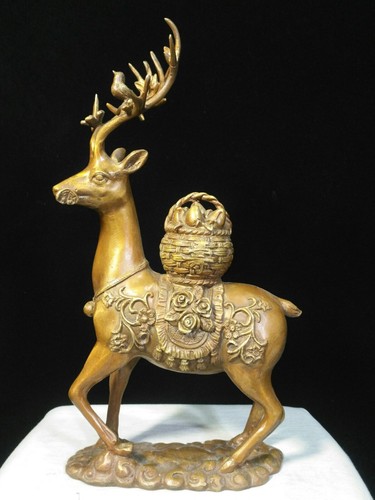 Paire de statues animaux cerf tacheté oiseau Yuanbao oiseau Sika officiel 12,6'' ancienne dynastie bronze doré