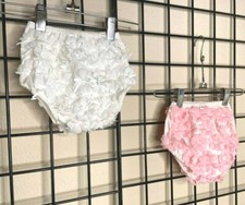 NEW NWT TWO Pair White-Pink Hand Made 3-D Flowers Diaper Covers/Bloomers 12-24M