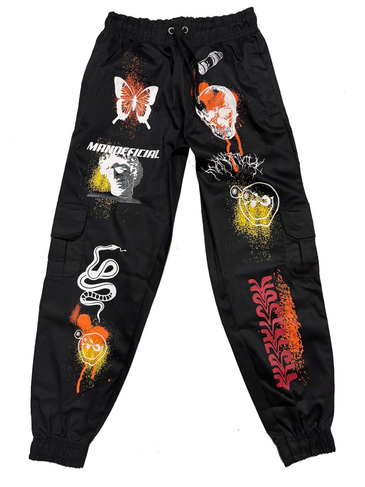 Mens Cargo Trouser Black Large Graffiti Printed Pant Boohoo Man RRP £50 image 2