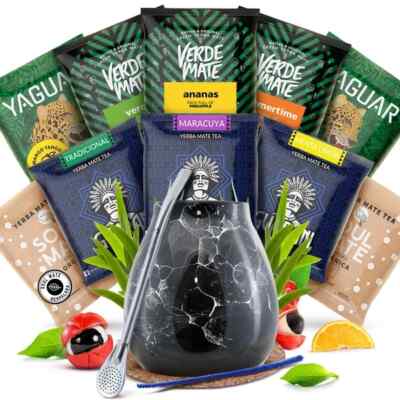 Mate Tee Set Proben Guarana Yerba Mate 10x50g Mate Becher Schwarz 300ml Bombilla