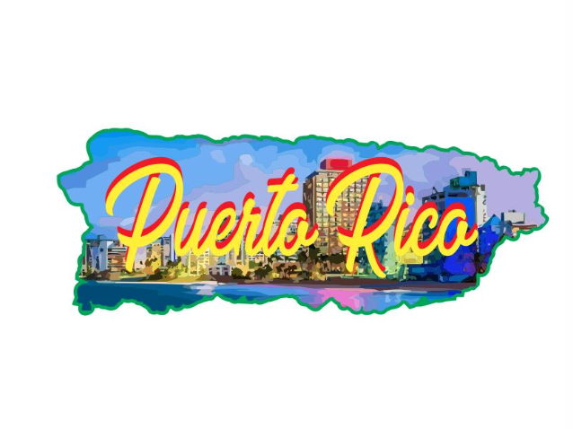Yellow-edged 5-inch bumper sticker decal reading “Puerto Rico” with colorful city skyline and beach scene.